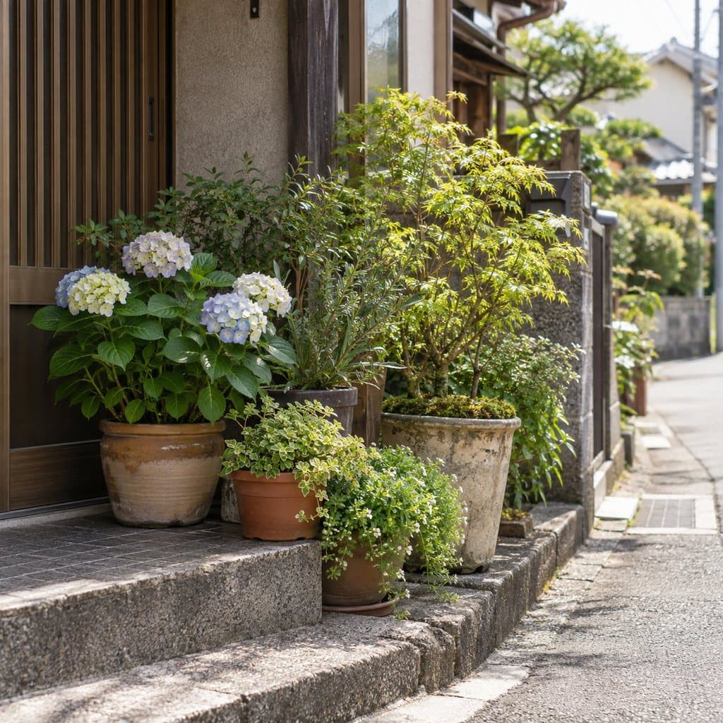 家の前で手入れされた鉢植え（AI生成のイメージ画像）