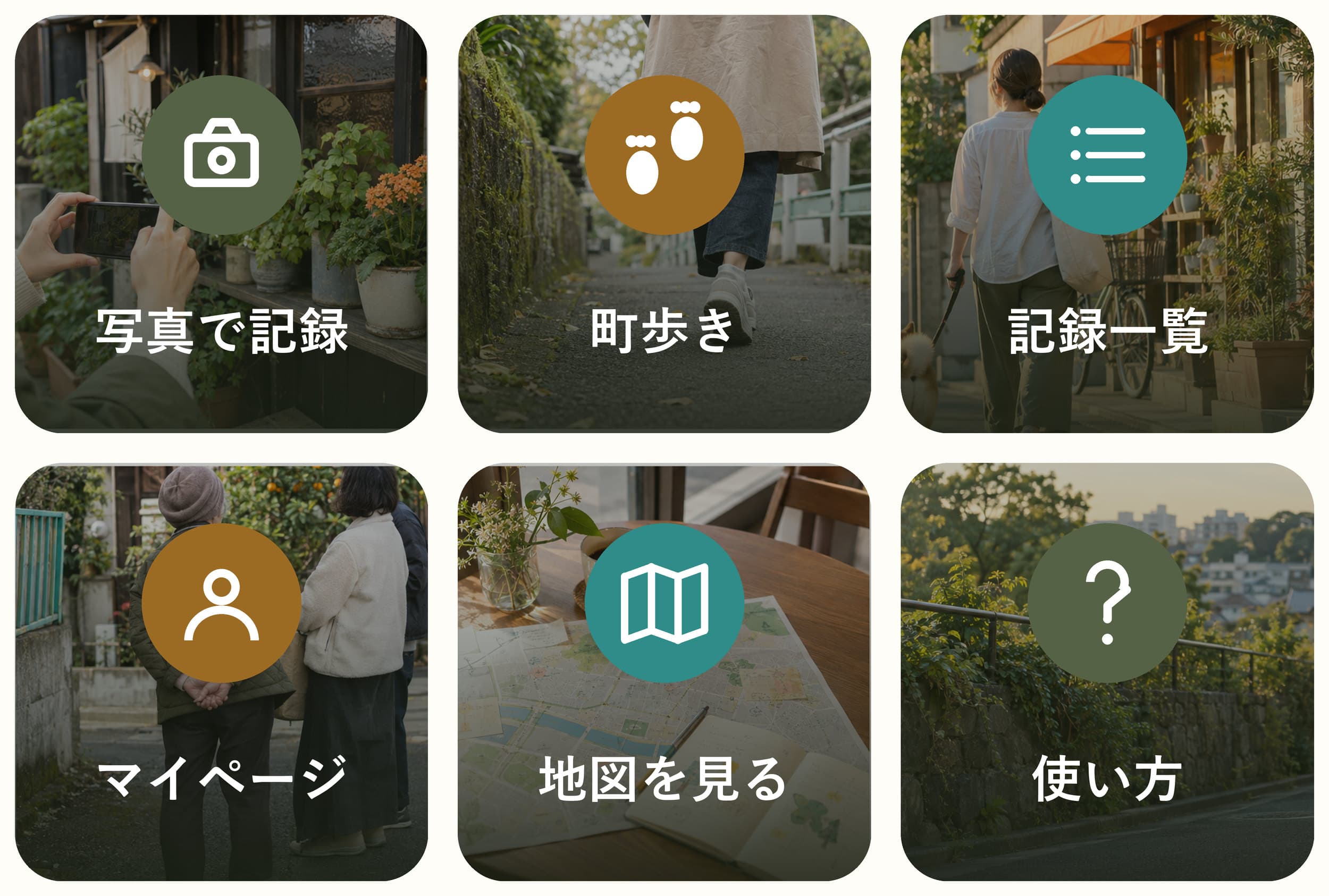 公式LINEのメニューの表示例。写真で記録、町歩き、記録一覧、マイページ、地図を見る、使い方の6つのボタンが並ぶ